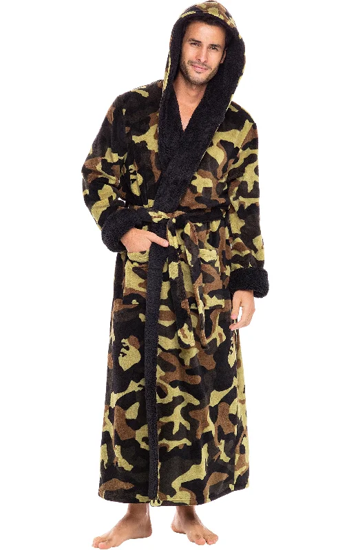 Men’s Long Hooded Sherpa Robe, Hooded Big and Tall Plush Fleece Hoodie Bathrobe Green Camouflage 4XL (A0262ACR4X)