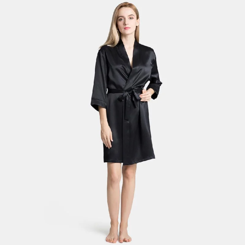 Mulberry Short Silk Robe for Women 100% Pure Silk Bathrobe with Belt