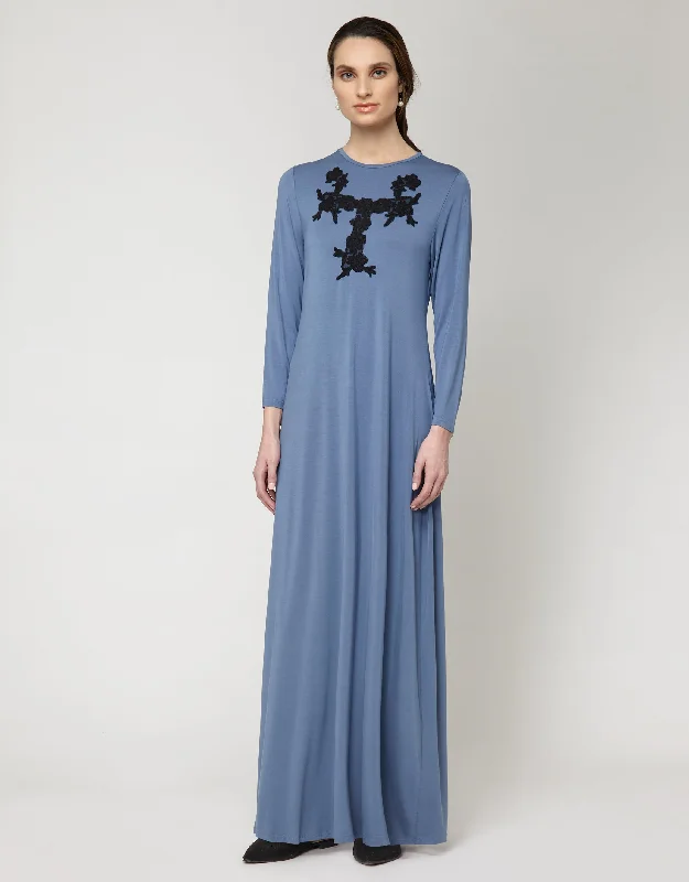 Pull On Nightgown with Contrast Lace Appliqué Blue