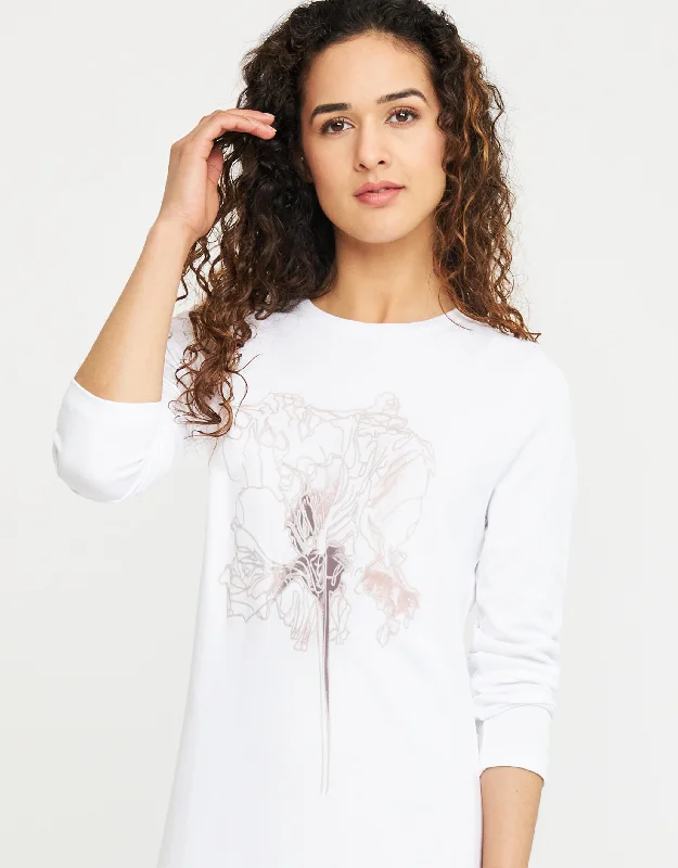 Pop On Nightgown with Floral Motif White