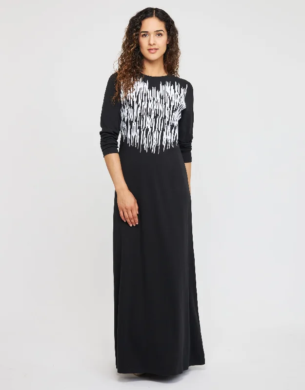 Pull On Nightgown with Vertical Flocking Motif Black White