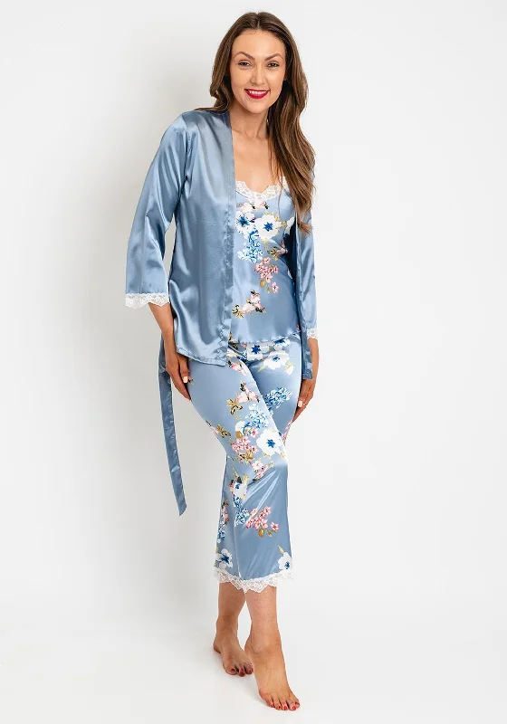 The Serafina Collection Floral Satin 4 Piece Nightwear Set, Blue