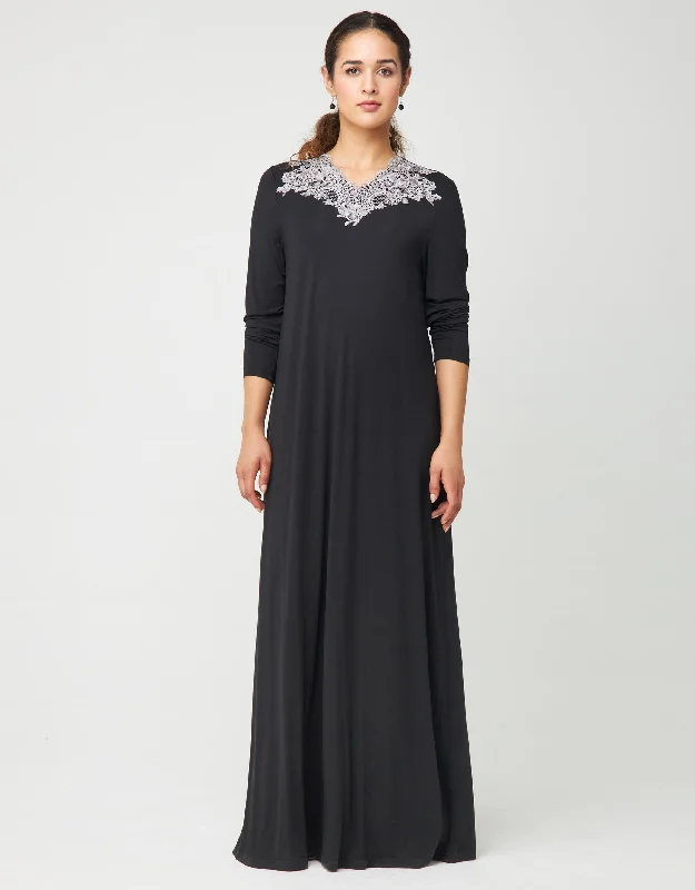 Pull On Nightgown with Contrast Lace Trim Black