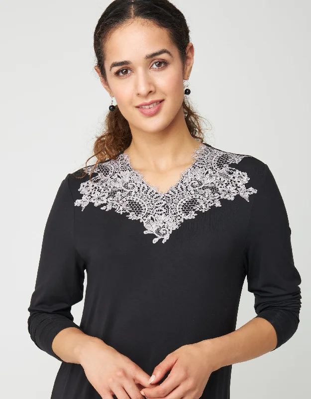 Pull On Nightgown with Contrast Lace Trim Black