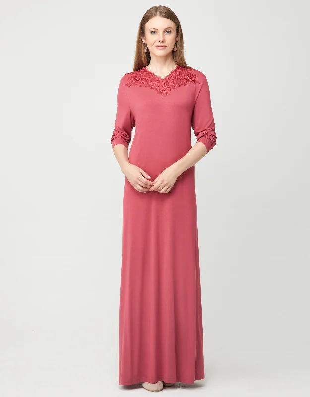 Pull On Nightgown with Tonal Lace Trim Coral