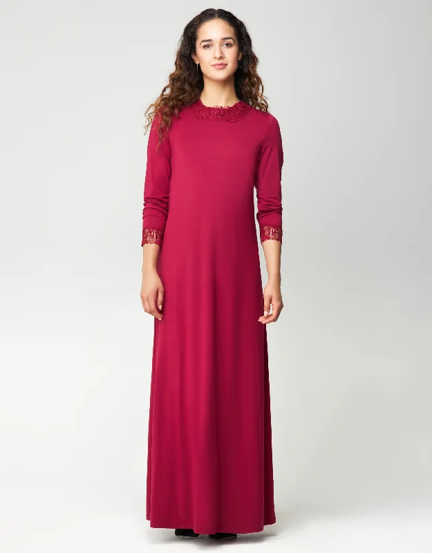 Pull On Nightgown with Tonal Lace Trim Berry