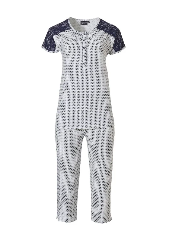 Pastunette Deluxe Print and Lace Capri Pyjama Set, White and Navy