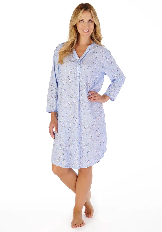 Slenderella Blossom Print Long Sleeve Nightdress, Blue