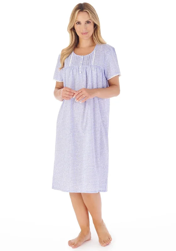 Slenderella Gingham Print Short Sleeve Nightdress, Blue