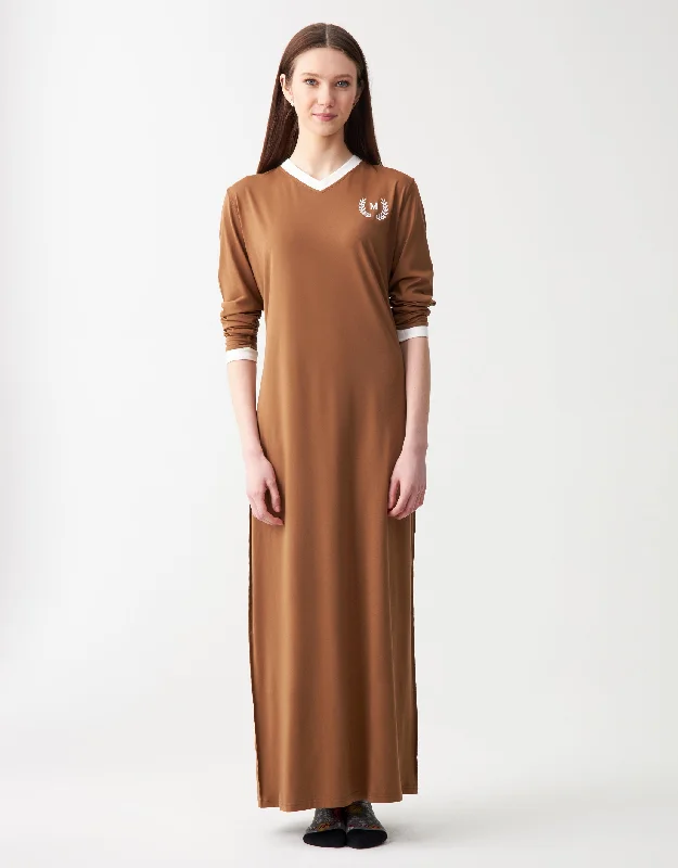 Vneck Nightgown with Embroidered Logo Motif Tan