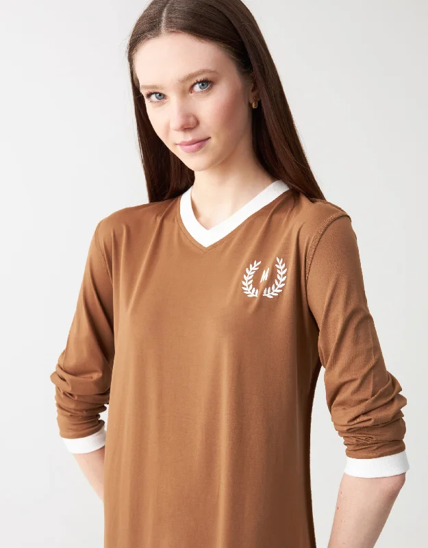 Vneck Nightgown with Embroidered Logo Motif Tan