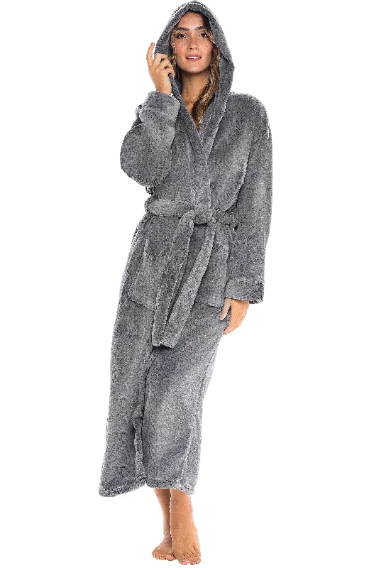 Women's Plush Fleece Hooded Bathrobe, Full Length Long Warm Lounge Robe with Hood