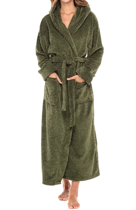 Women's Plush Fleece Hooded Bathrobe, Full Length Long Warm Lounge Robe with Hood