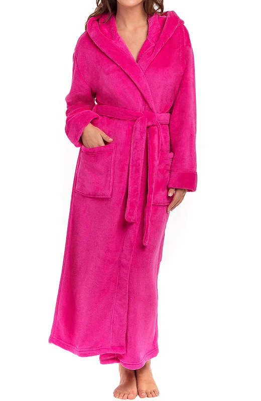 Women's Plush Fleece Hooded Bathrobe, Full Length Long Warm Lounge Robe with Hood