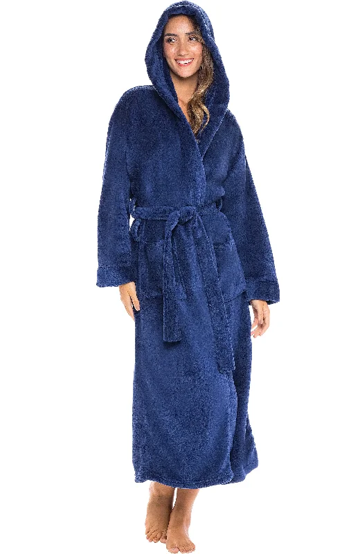 Women's Plush Fleece Hooded Bathrobe, Full Length Long Warm Lounge Robe with Hood