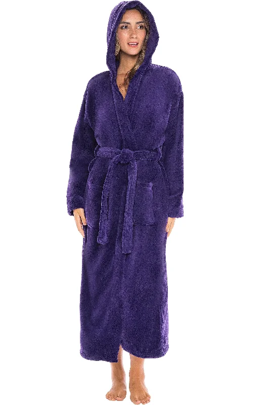 Women's Plush Fleece Hooded Bathrobe, Full Length Long Warm Lounge Robe with Hood