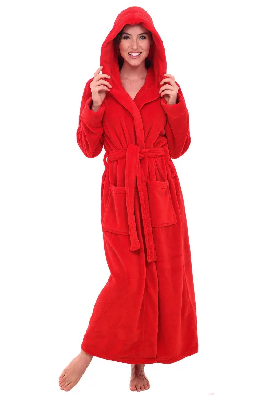 Women's Plush Fleece Hooded Bathrobe, Full Length Long Warm Lounge Robe with Hood