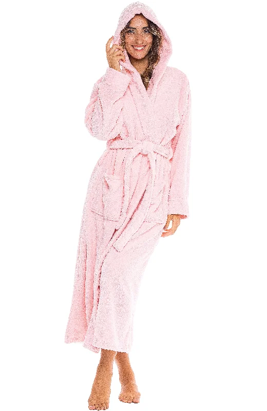 Women's Plush Fleece Hooded Bathrobe, Full Length Long Warm Lounge Robe with Hood