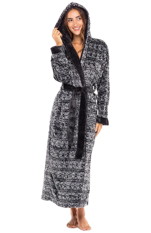 Women's Plush Fleece Hooded Bathrobe, Full Length Long Warm Lounge Robe with Hood