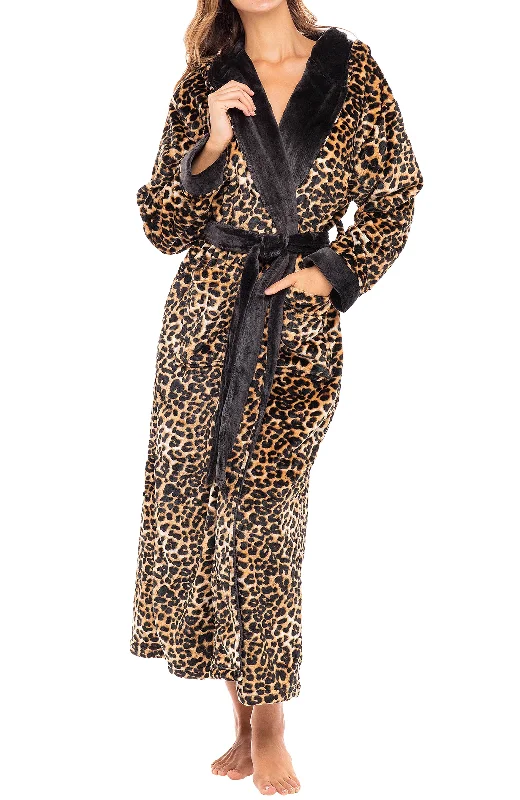 Women's Plush Fleece Hooded Bathrobe, Full Length Long Warm Lounge Robe with Hood