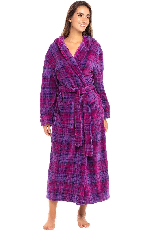 Women's Plush Fleece Hooded Bathrobe, Full Length Long Warm Lounge Robe with Hood