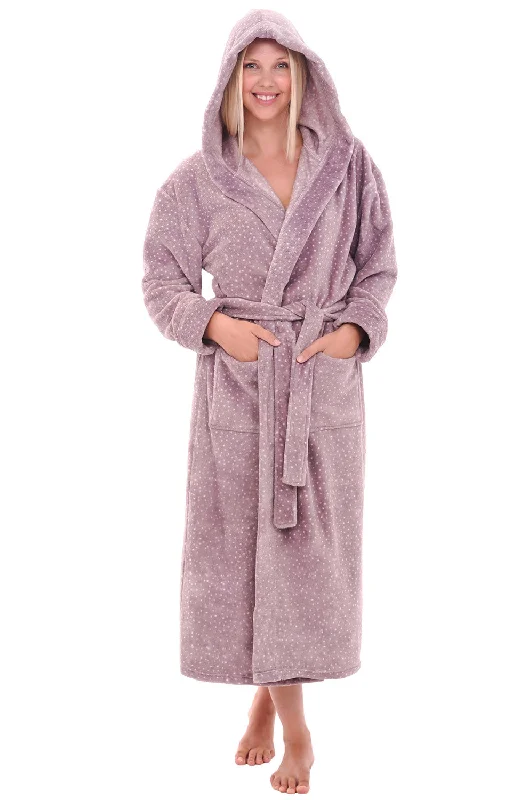 Women's Plush Fleece Hooded Bathrobe, Full Length Long Warm Lounge Robe with Hood