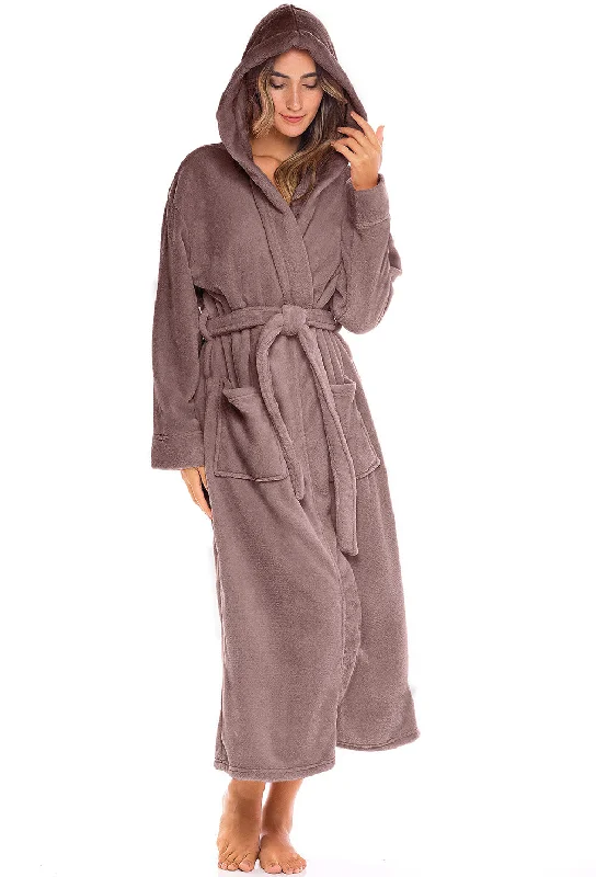 Women's Plush Fleece Hooded Bathrobe, Full Length Long Warm Lounge Robe with Hood