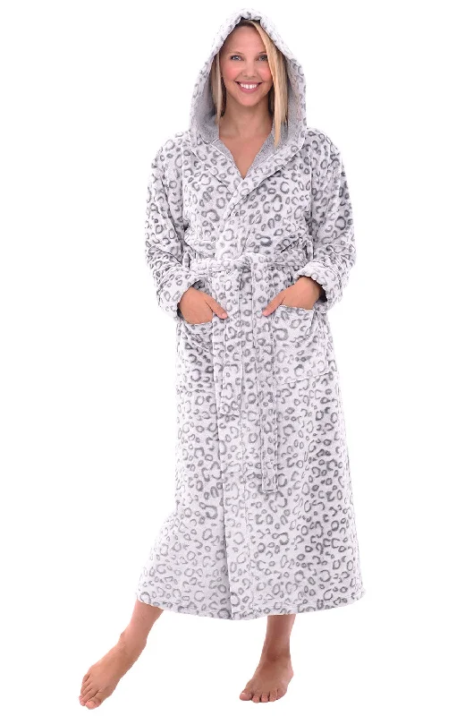 Women's Plush Fleece Hooded Bathrobe, Full Length Long Warm Lounge Robe with Hood