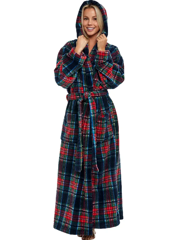 Women's Plush Fleece Hooded Bathrobe, Full Length Long Warm Lounge Robe with Hood