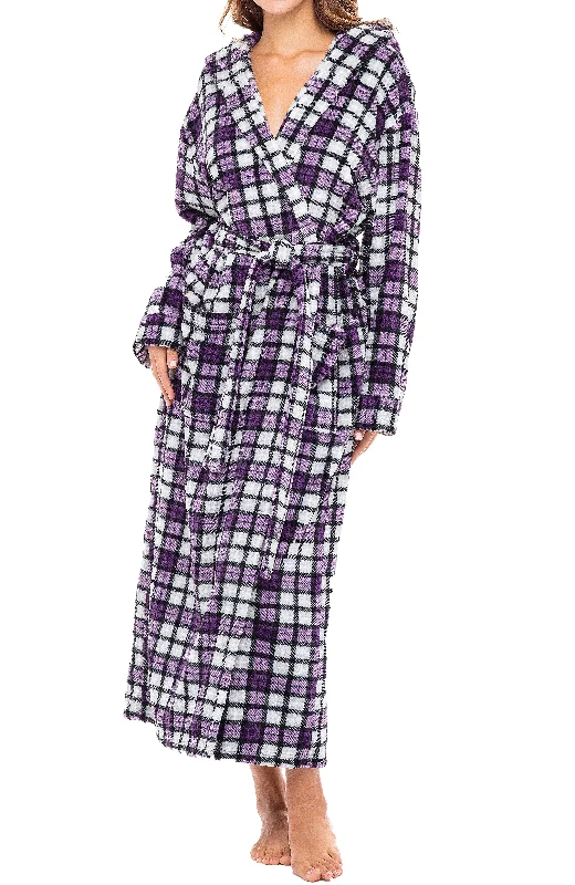 Women's Plush Fleece Hooded Bathrobe, Full Length Long Warm Lounge Robe with Hood