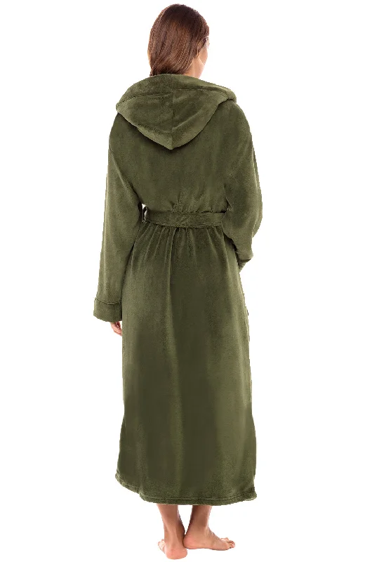 Women's Plush Fleece Hooded Bathrobe, Full Length Long Warm Lounge Robe with Hood