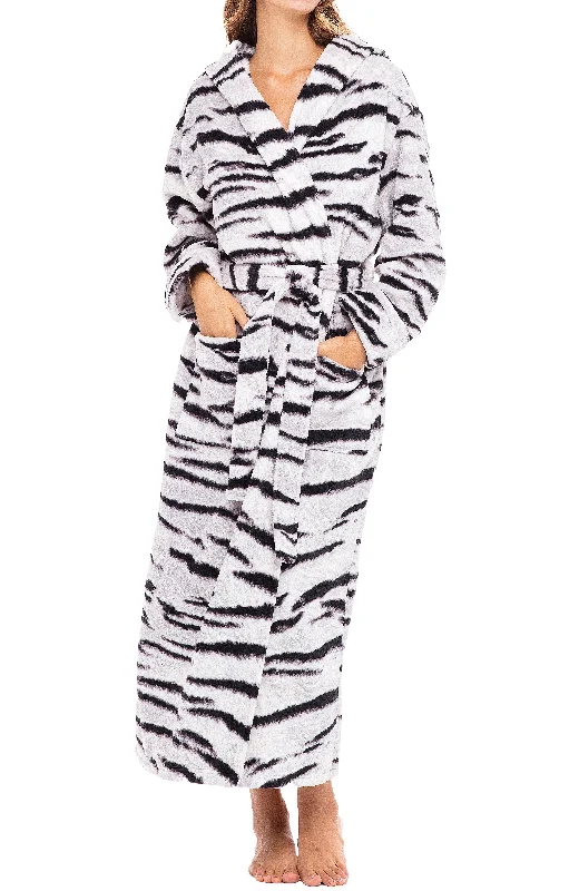 Women's Plush Fleece Hooded Bathrobe, Full Length Long Warm Lounge Robe with Hood