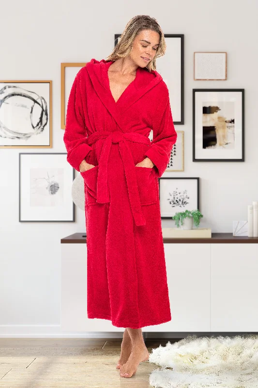 Women's Plush Fleece Hooded Bathrobe, Full Length Long Warm Lounge Robe with Hood