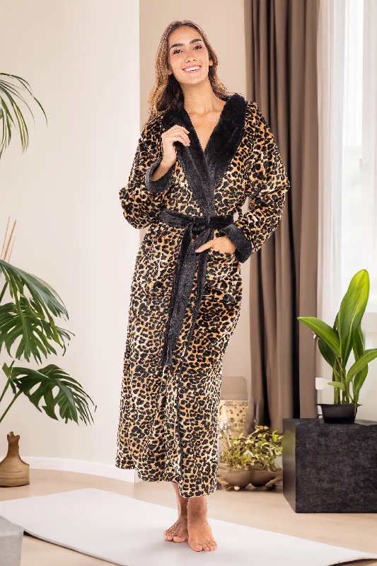 Women's Plush Fleece Hooded Bathrobe, Full Length Long Warm Lounge Robe with Hood