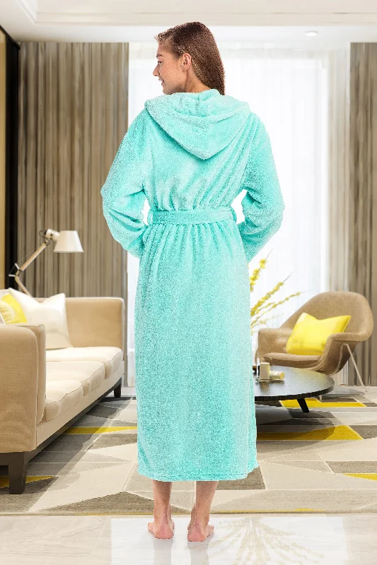 Women's Plush Fleece Hooded Bathrobe, Full Length Long Warm Lounge Robe with Hood