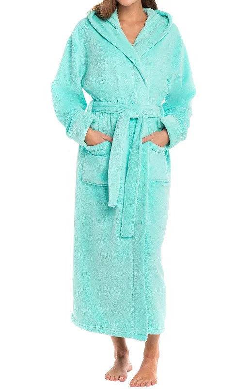 Women's Plush Fleece Hooded Bathrobe, Full Length Long Warm Lounge Robe with Hood