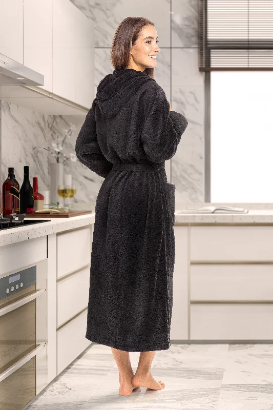 Women's Plush Fleece Hooded Bathrobe, Full Length Long Warm Lounge Robe with Hood