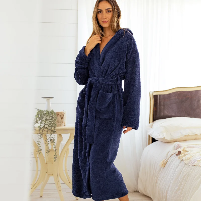 Women's Plush Fleece Hooded Bathrobe, Full Length Long Warm Lounge Robe with Hood