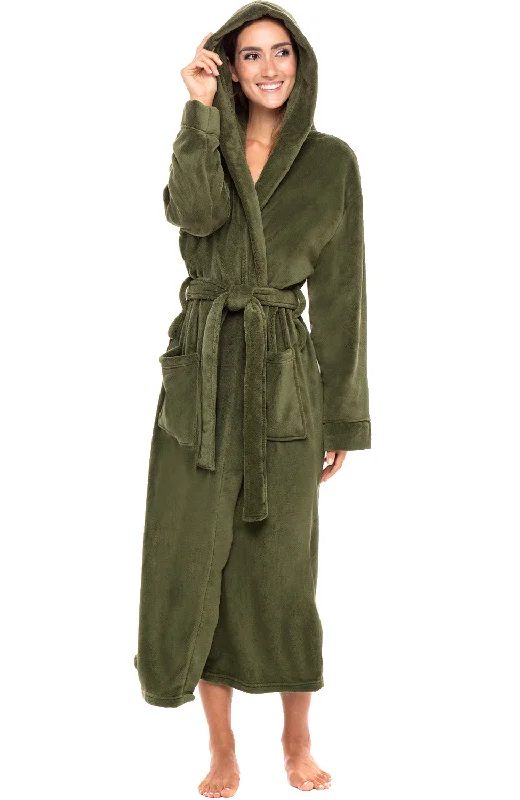 Women's Plush Fleece Hooded Bathrobe, Full Length Long Warm Lounge Robe with Hood