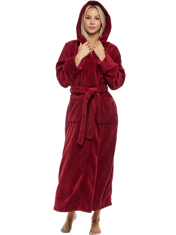 Women's Plush Fleece Hooded Bathrobe, Full Length Long Warm Lounge Robe with Hood