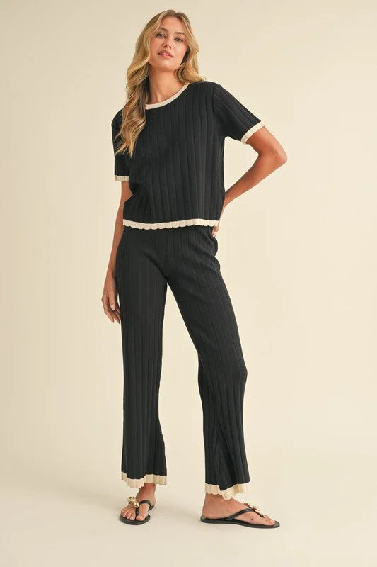 Waitlist 10/16 ♥ Belle Short Sleeve Ribbed Sweater Top And Pants Set Black