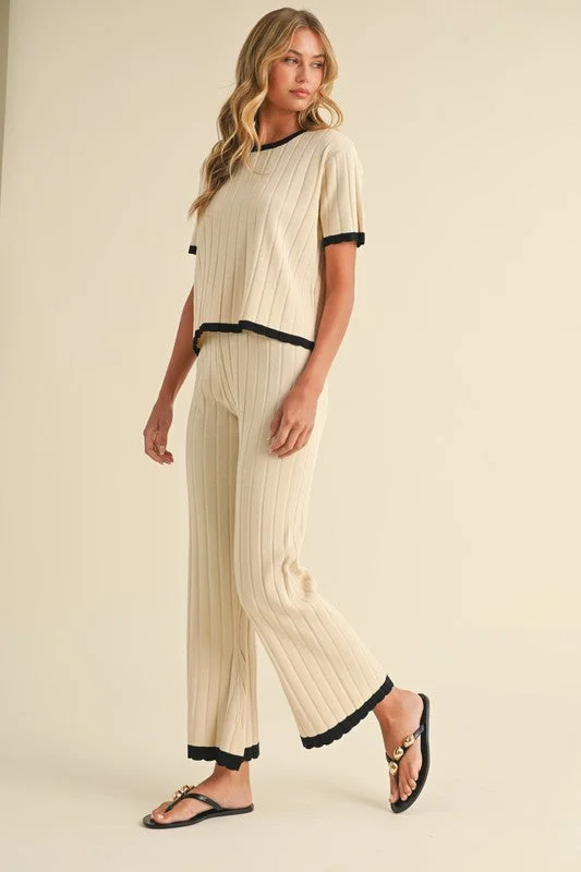 Waitlist 10/16 ♥ Belle Short Sleeve Ribbed Sweater Top And Pants Set Cream