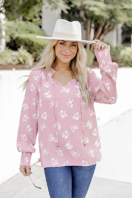 Get A Feeling Pink Floral Notched Neck Blouse FINAL SALE