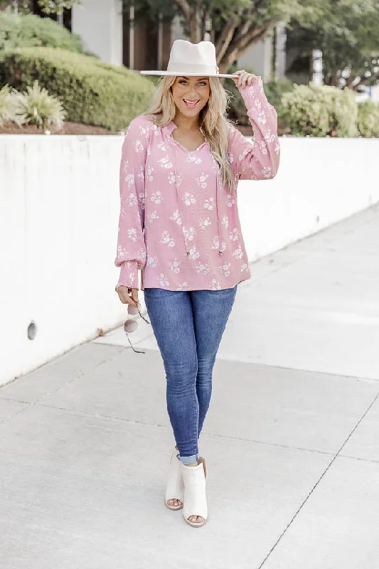 Get A Feeling Pink Floral Notched Neck Blouse FINAL SALE