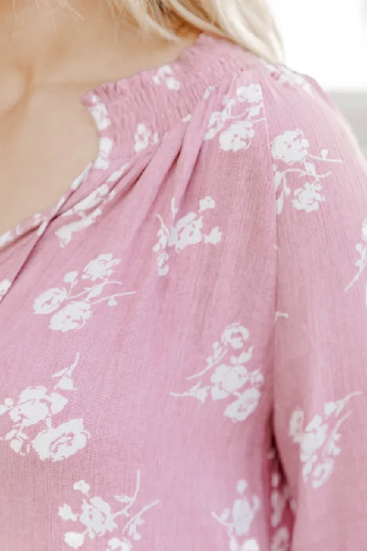 Get A Feeling Pink Floral Notched Neck Blouse FINAL SALE