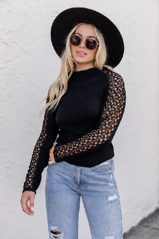 Not Over You Black Mock Neck Lace Sleeve Blouse FINAL SALE