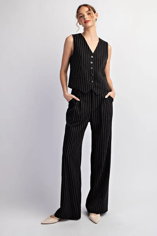 Pinstripe Straight Leg Pants - Black