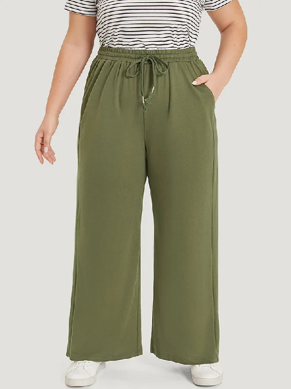 Plain Drawstring Pocket Wide Leg Sweatpant