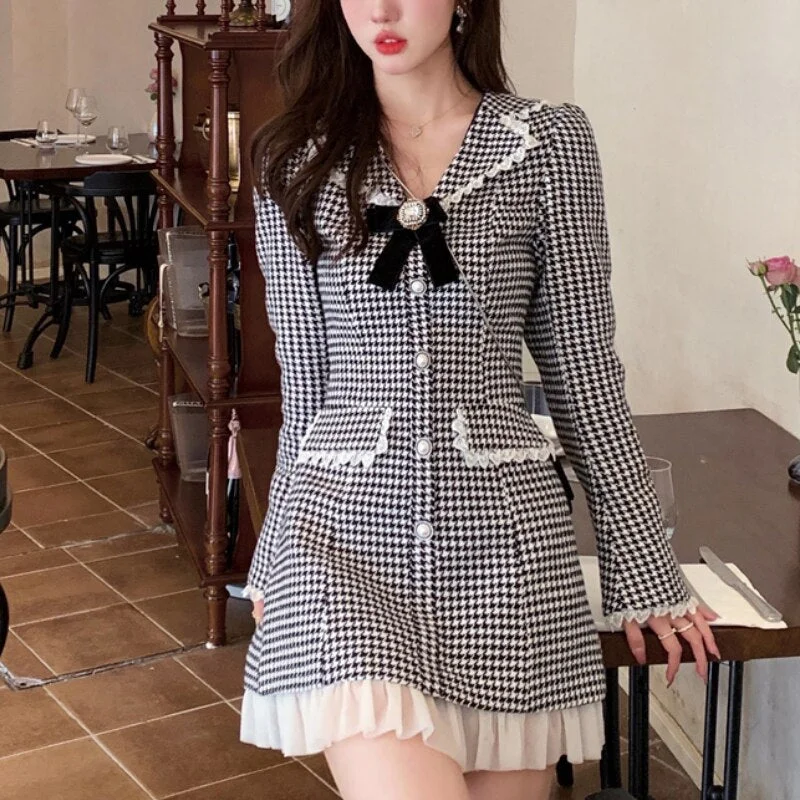 New Women Lace Patchwork Plaid Elegant Party Mini Dress Female Korean Fashion Sweet Lolita Dress Kawaii Retro Dress Fashionable Mini Dress with Slits New Women Lace Patchwork Plaid Elegant Party Mini Dress Female Korean Fashion Sweet Lolita Dress Kawaii Retro Dress Fashionable Mini Dress with Slits