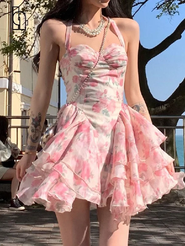 Lizakosht - Summer Women Sleeveless Sweet Pink Print Beach Dress Female Slim Holiday Halter Mini Dress Tierred Birthday Party Dress Stylish Floral Print Mini Dress Lizakosht - Summer Women Sleeveless Sweet Pink Print Beach Dress Female Slim Holiday Halter Mini Dress Tierred Birthday Party Dress Stylish Floral Print Mini Dress